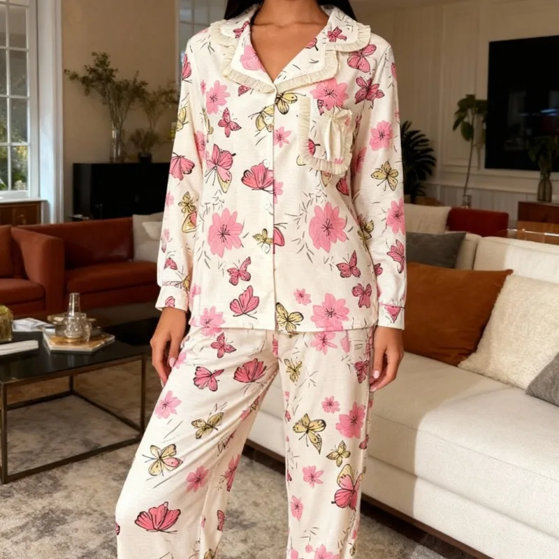 

Women's Two Piece Pajama Set Long Sleeve Lapel Flower Print Trousers Princess Style Ultimate Comfort Breathable XL Size
