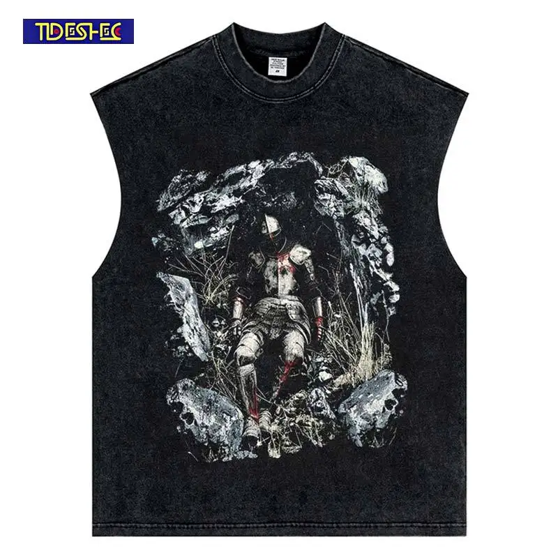Summer Hip Hop Streetwear Vintage Punk Knight Armor Print Vest Harajuku Cotton Tops Oversized Sleeveless Washed Loose Tank Top