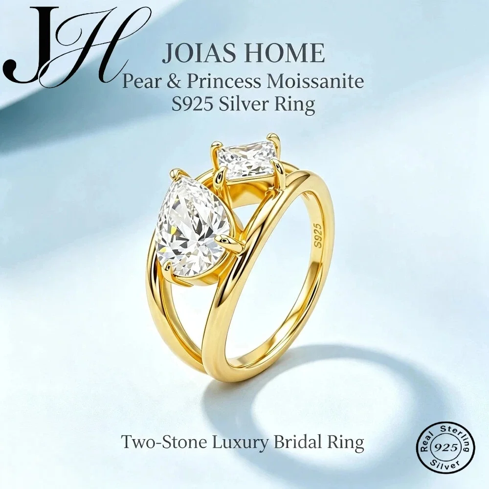 JOIAS HOME 925 Silver Gold Plated Pear Princess Moissanite Gemstone Ring for Women Bridal Wedding Engagement Promise Ring