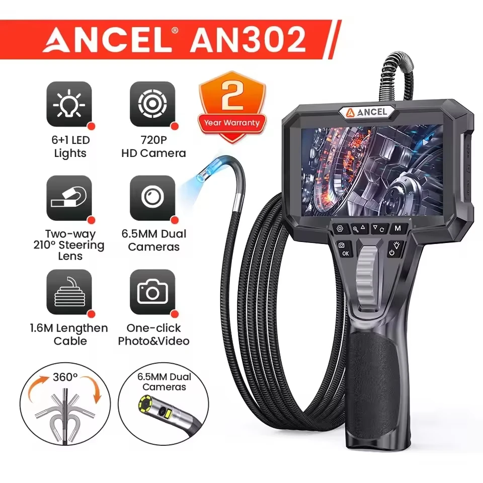 ANCEL AN302 اتجاهين توضيح Borescope عدسة مزدوجة المنظار التفتيش كاميرا التفتيش الصناعي 6.5 مللي متر 4.3 بوصة IPS الشاشة