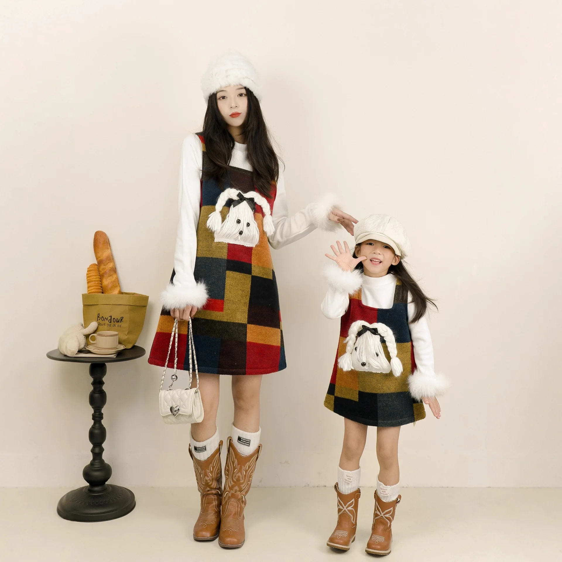 

2026 Winter Mom and Daughter Matching Outfit Knitted Dog Design Plaid Wool Vest Dress Christmas New Year Plush Warm Family Look