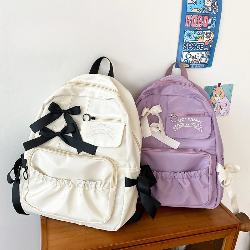 Unique Pleated Bow Knot Nylon Rucksack Color Block Preppy Style Student Backpack Casual Outdoor Daily Shoulder Bag