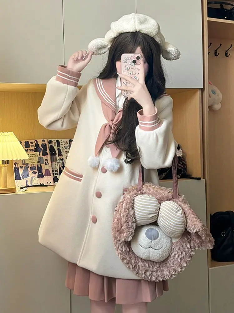 Autumn and Winter JK Uniform Woolen Pink White Coat Suit Sweet Bowknot Navy Collar Jacket Niche Design Pleated Skirt Sets view 6