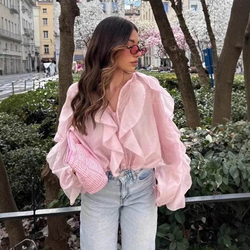 

French high-end design, solid color temperament, chiffon ruffle edge zipper, versatile and comfortable, loose long sleeved shirt
