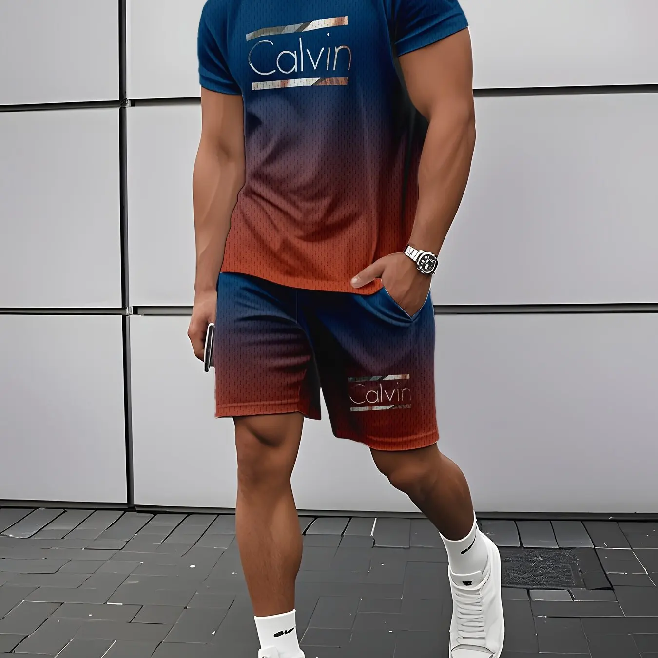 

Hot-selling men's letter printing gradual change T-shirt shorts set breathable comfortable quick drying casual men's suit