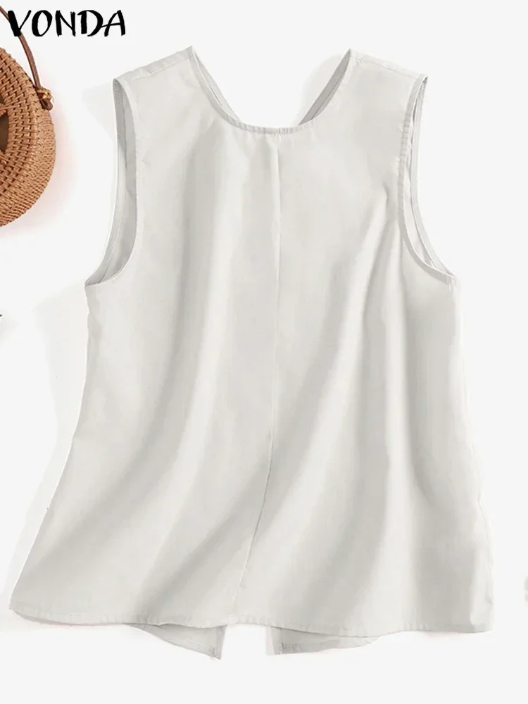 

VONDA 2025 Summer Sleeveless Shirts Fashion Women Both Side Tank Tops Buttons Casual Loose Top Vintage Blouse Solid Tees Blusas