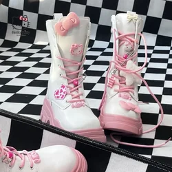 New Sanrio Cartoon Anime Hello Kitty Thick-soled Martin Boots Kawaii Winter Mid-tube Warm British Shoes Girls Holiday Gift