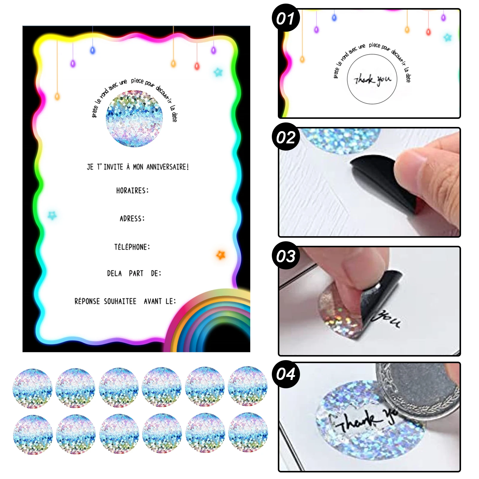 12 piece set of rainbow and star themed birthday invitations, with scratch stickers, envelopes, and colorful neon invitation car