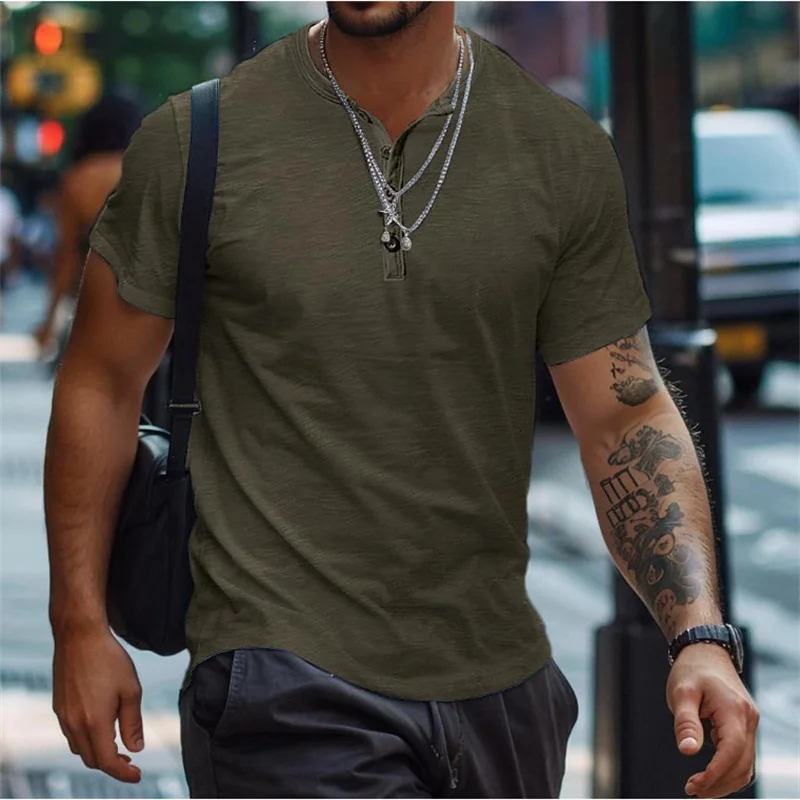 2024 new summer men\'s T-shirt top Fashion casual trend men\'s thin button Henry collar fitness polo shirt