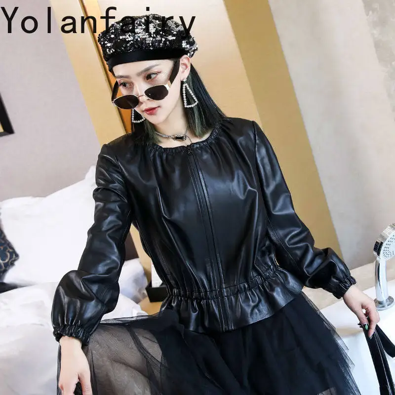 YOLANFAIRY Women Cropped Leather Jacket Autumn Real Sheepskin Coat Korean Lantern Sleeve Genuine Leather Outerwear Slim Fit