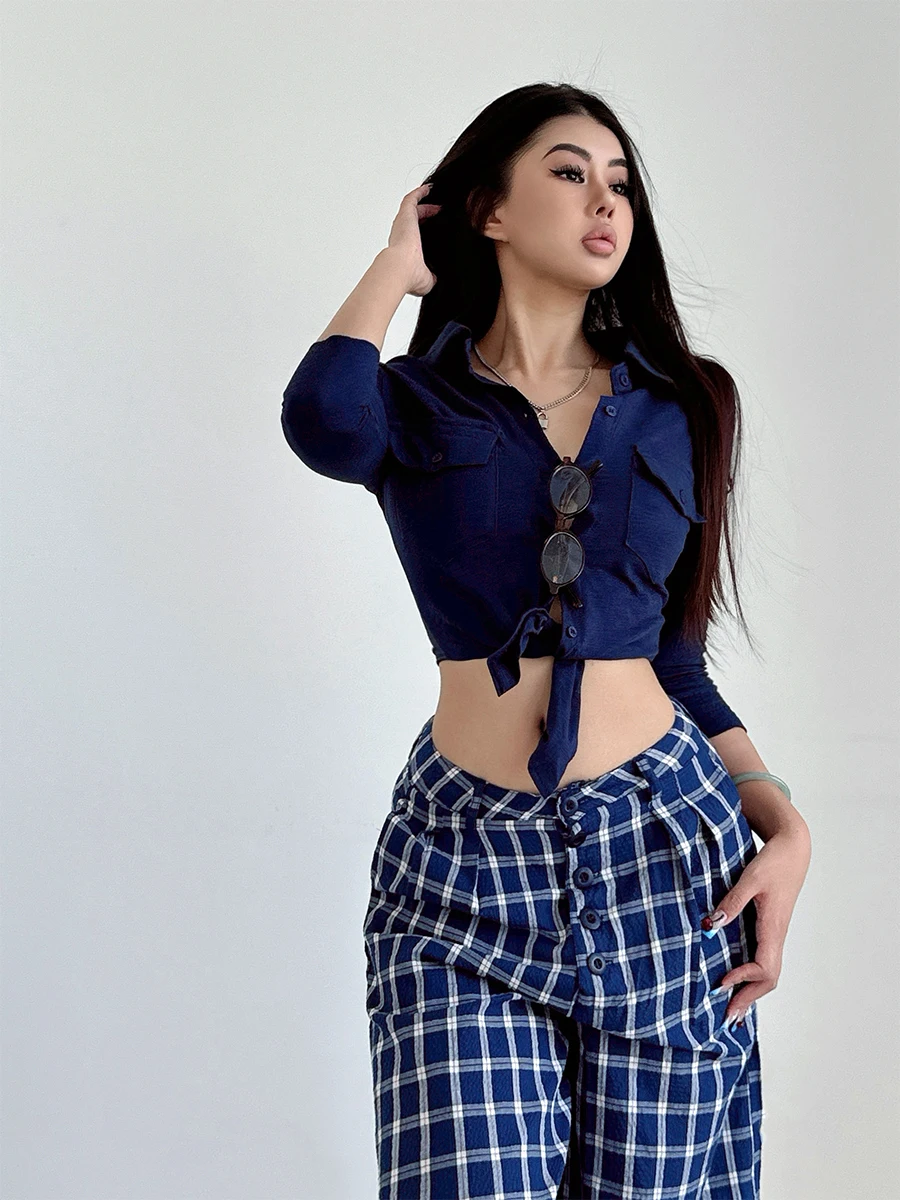 Autumn/winter Spicy Girl POLO Collar Single Breasted Long Sleeve Shirt Women\'s Cinching Waist Casual Versatile Short Top CYH3