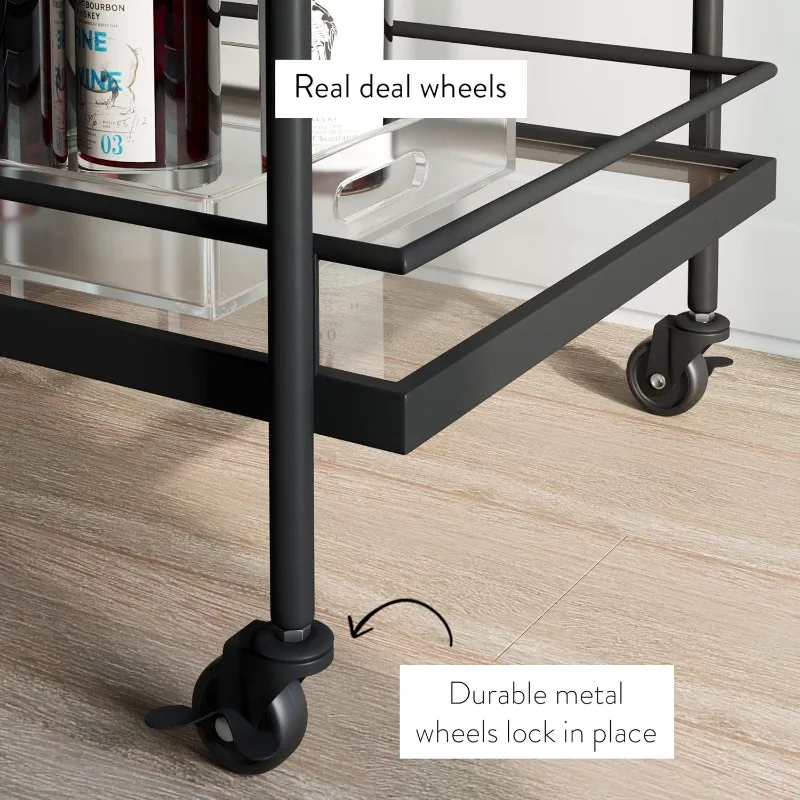 Sally Rolling Bar or Cart for Tea or Cocktail, 2-Tiered Glass and Metal, Black