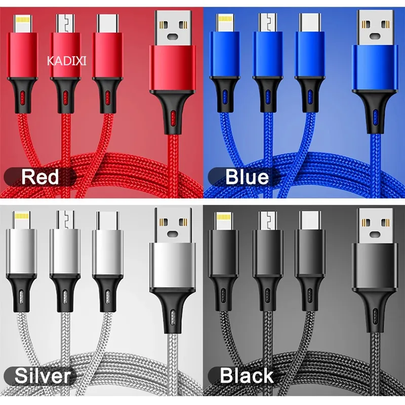 KADIXI Cable de carga rápida USB 3 en 1 tipo C, Micro, iOS, cargador múltiple para iPhone, Huawei, Samsung, trenzado en nylon 6