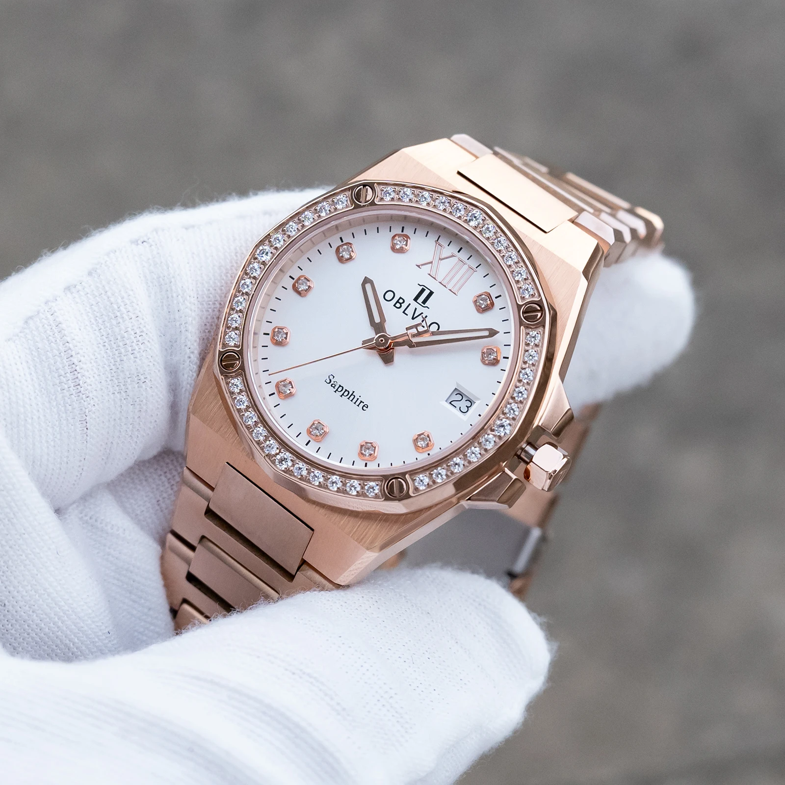 OBLVLO Women's Elegant Diamond Octogen Watch Rose Gold White Dial Dress Watch Swiss Quartz Movement Bracelet Band Ladies Orologi