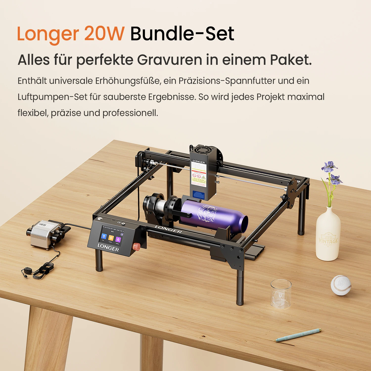 LONGER RAY5 20W Laser Engraver Bundle, 400×365mm Working Area, Air Assist, 4-in-1 Rotary Roller, 12 Risers, 24,000mm/min Engraving Speed, Laser Engraving and Cutting Machine for Wood, Acrylic, Metal, Leather and DIY Crafts