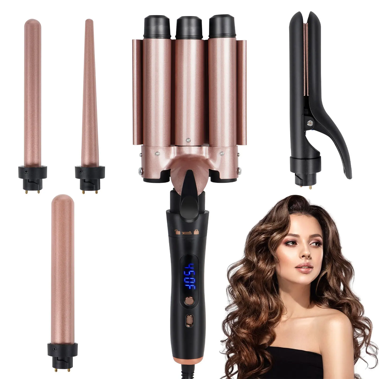 

Curling Iron Straight Curly Dual-purpose Straight Hair Clamp Digital Display Three-tube Automatic Curling Iron Fast Heating