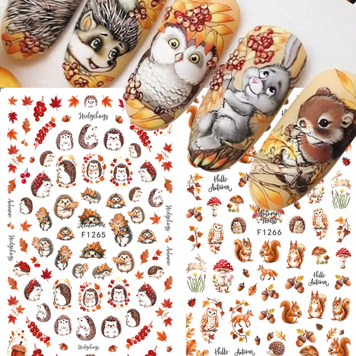 2pcs Autumn New Nail Stickers Hedgehog Owl Squirrel Rabbit Maple Leaf Self‑Adhesive Nail Decals Cute Animals Thanksgiving Decor