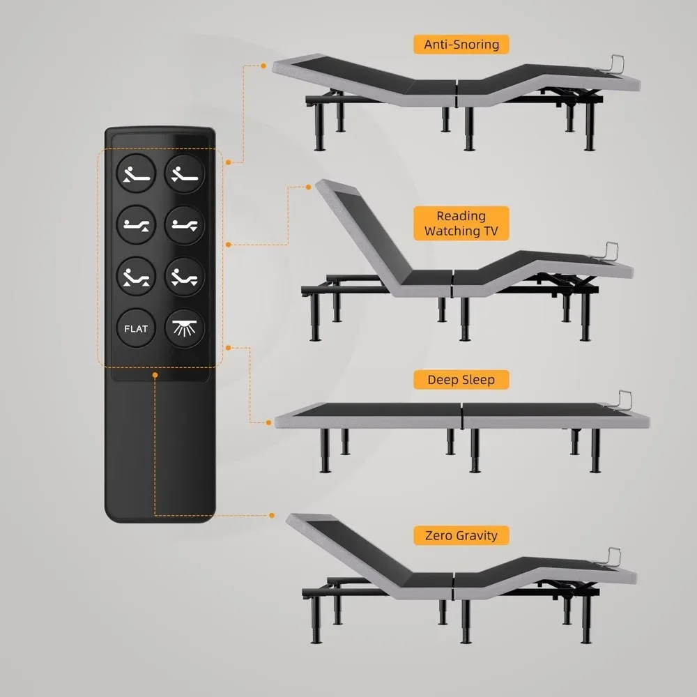 Cadre de lit Queen électrique réglable avec télécommande sans fil, inclinaison du pied de tête, USB, sous le lit, plate-forme légère