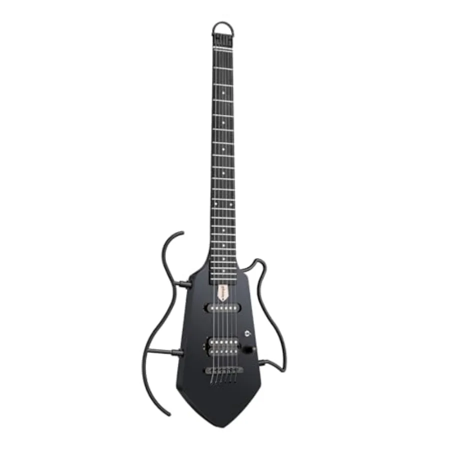 

Mini Travel Electric Guitar for practice, lightweight headless solid body in black, portable compact design with easy assembly