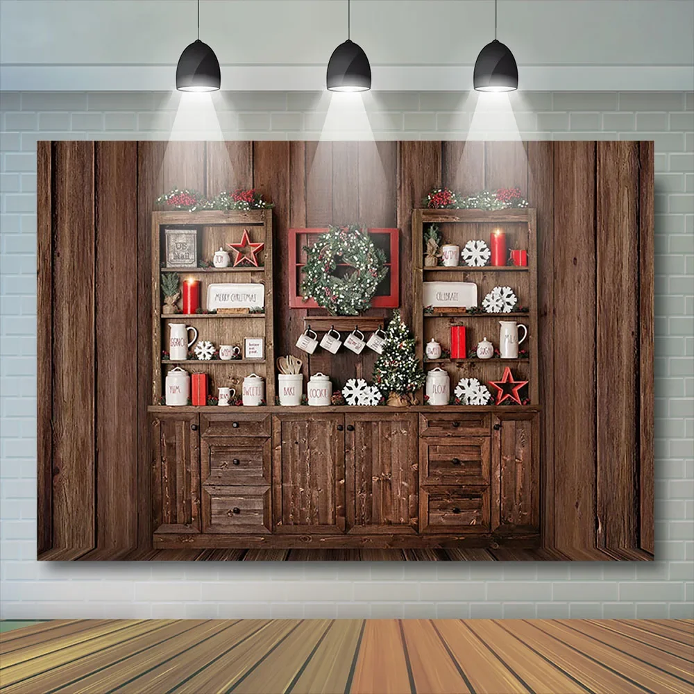 Fondo de cocina de Navidad para niños, sesión fotográfica, armario, decoración de corona, accesorios de pared de madera, pancarta de Festival, estudio fotográfico para niños y bebés