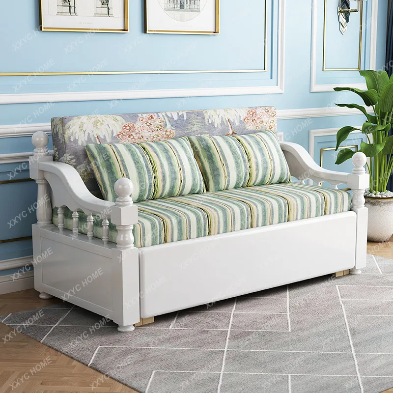 HH Foldable multi-functional solid wood sofa bed living room pull-out retractable small apartment simple sitting sleeping bed