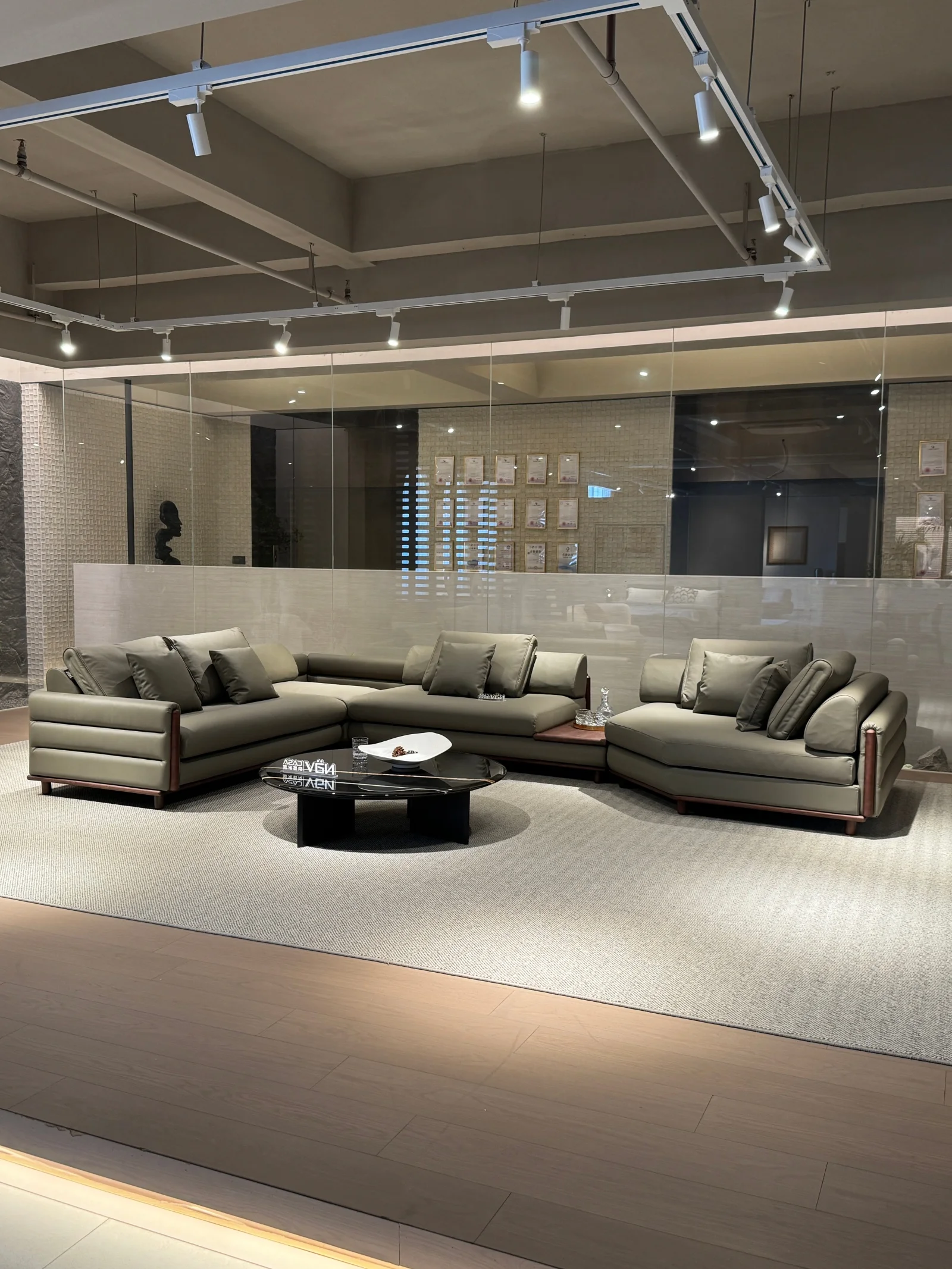 Sage Green Cowhide Leather L Shaped Sectional Sofa Wooden Trim Modular Couch Deep Seat Low Profile For Living Room Villa Home