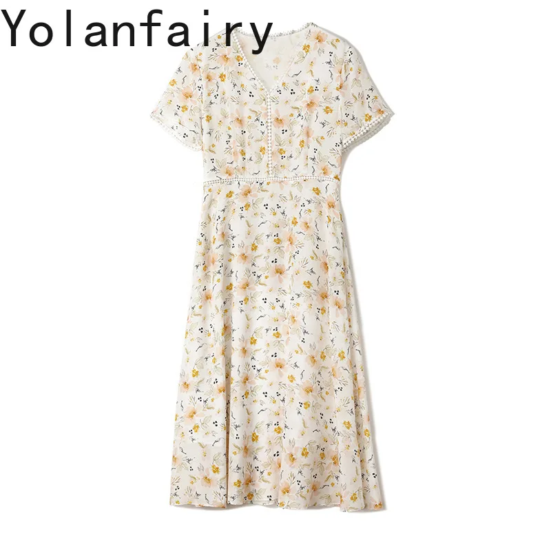 

YOLANFAIRY 100% Real Mulberry Silk Woman Dresses Summer First Love Style Ladies Dresses Spliced Lace Beach Dress Vestidos Verano
