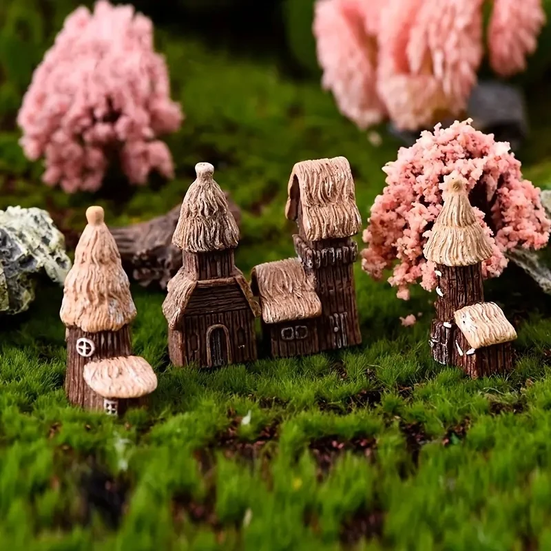 4Pcs Miniature Thatched Cottage House Statue Resin Fairy Garden Houes Statue Plant Pot Ornament For Outdoor Lawn Decorative