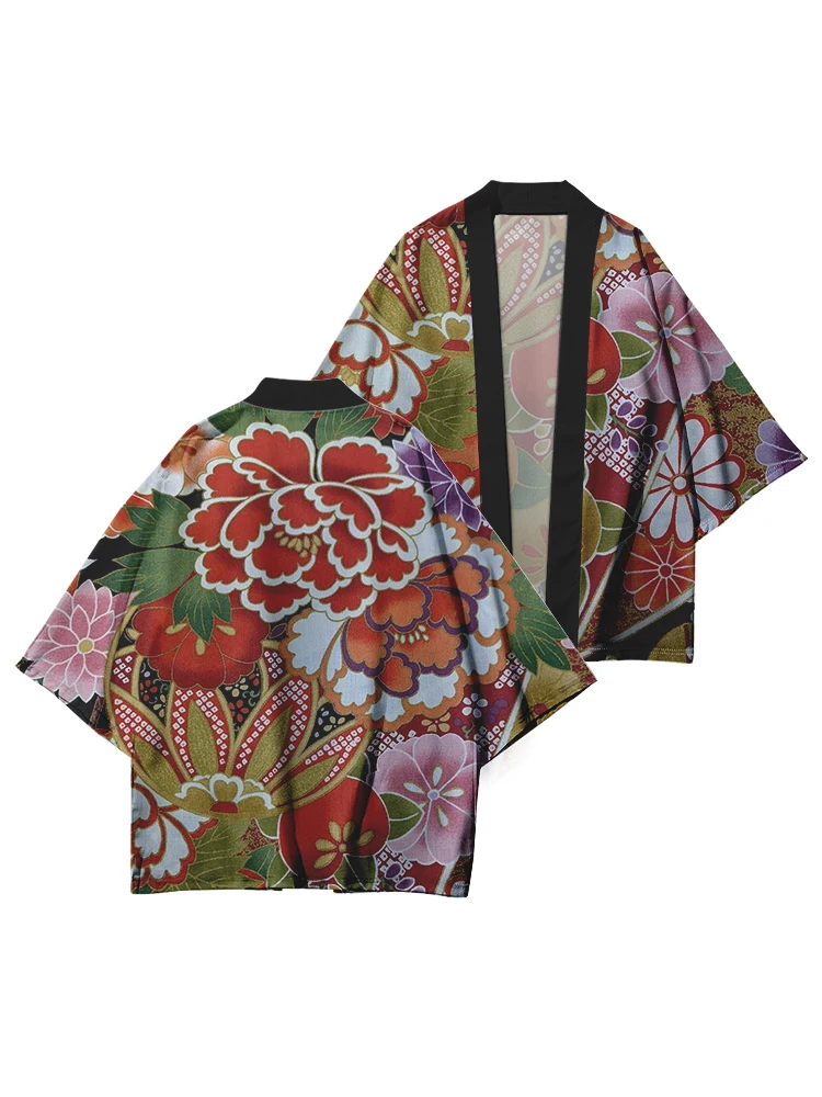 Women's Vintage Japanese Kimono Jacket Flower Folding Fan Print Pattern Japanese Cardigan Neutral Yukata Traditional Kimono