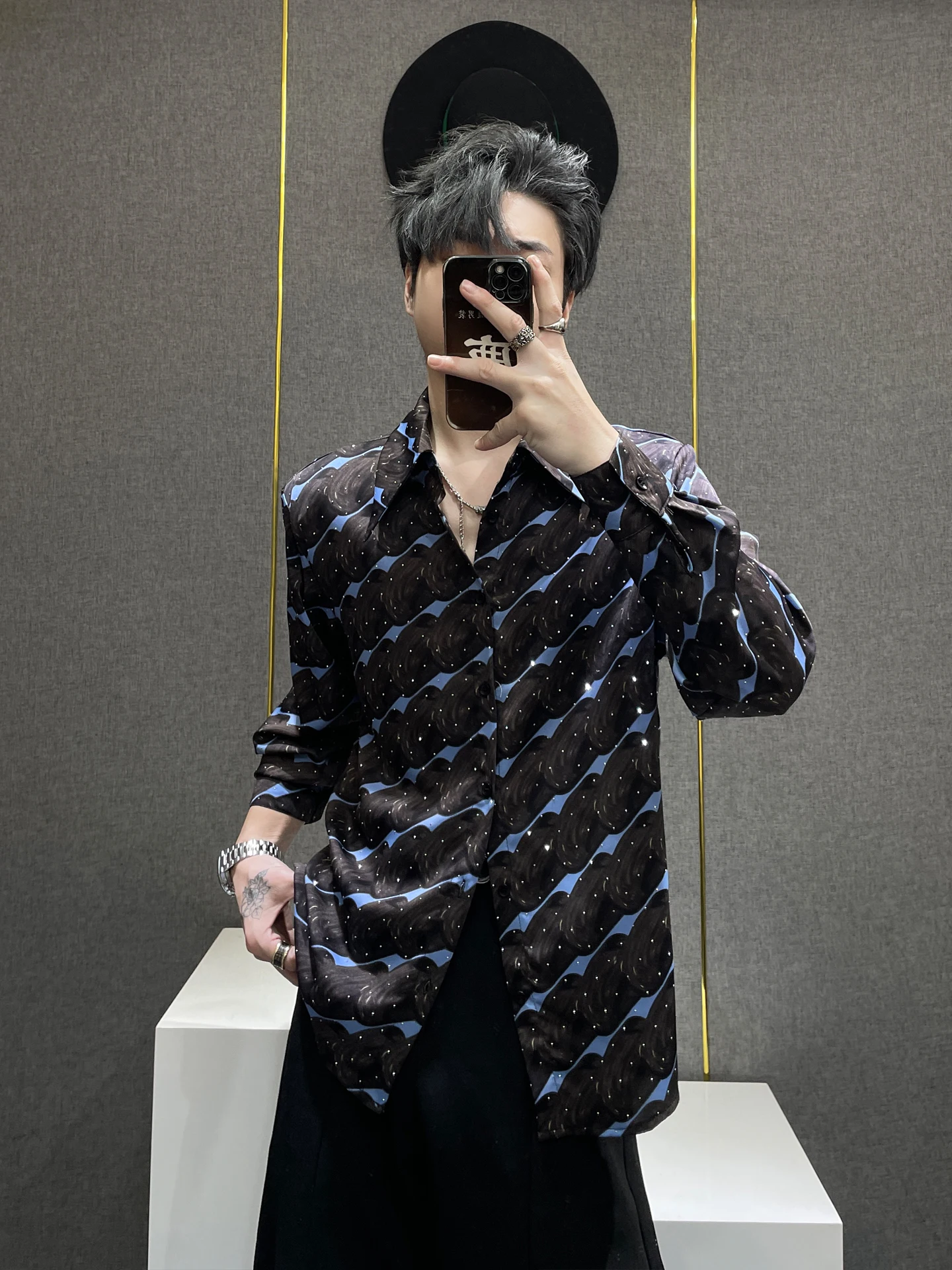 

Vintage Geometric Print Long Sve Men's irt Anti-Wrinkle Easy Care Loose Fit oulder Pad Polyester Fiber Casual irt