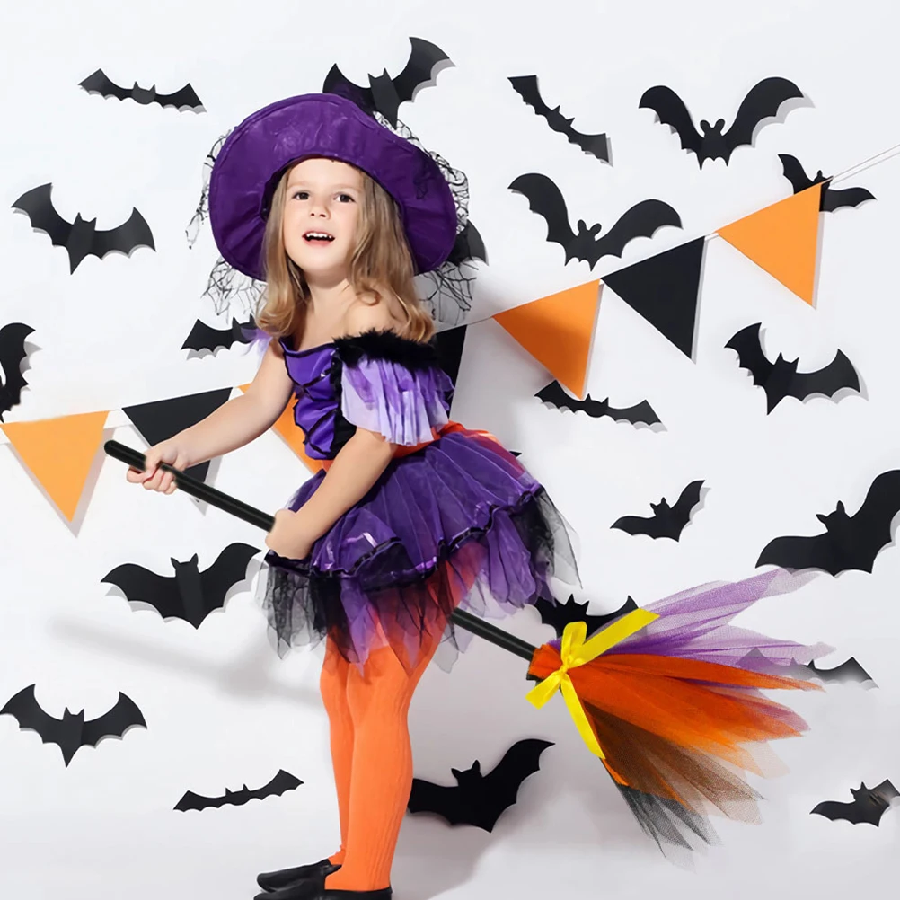 

Stitching Color Spliced ​​color Broom Child Witches Plastic Decor Halloween Prop