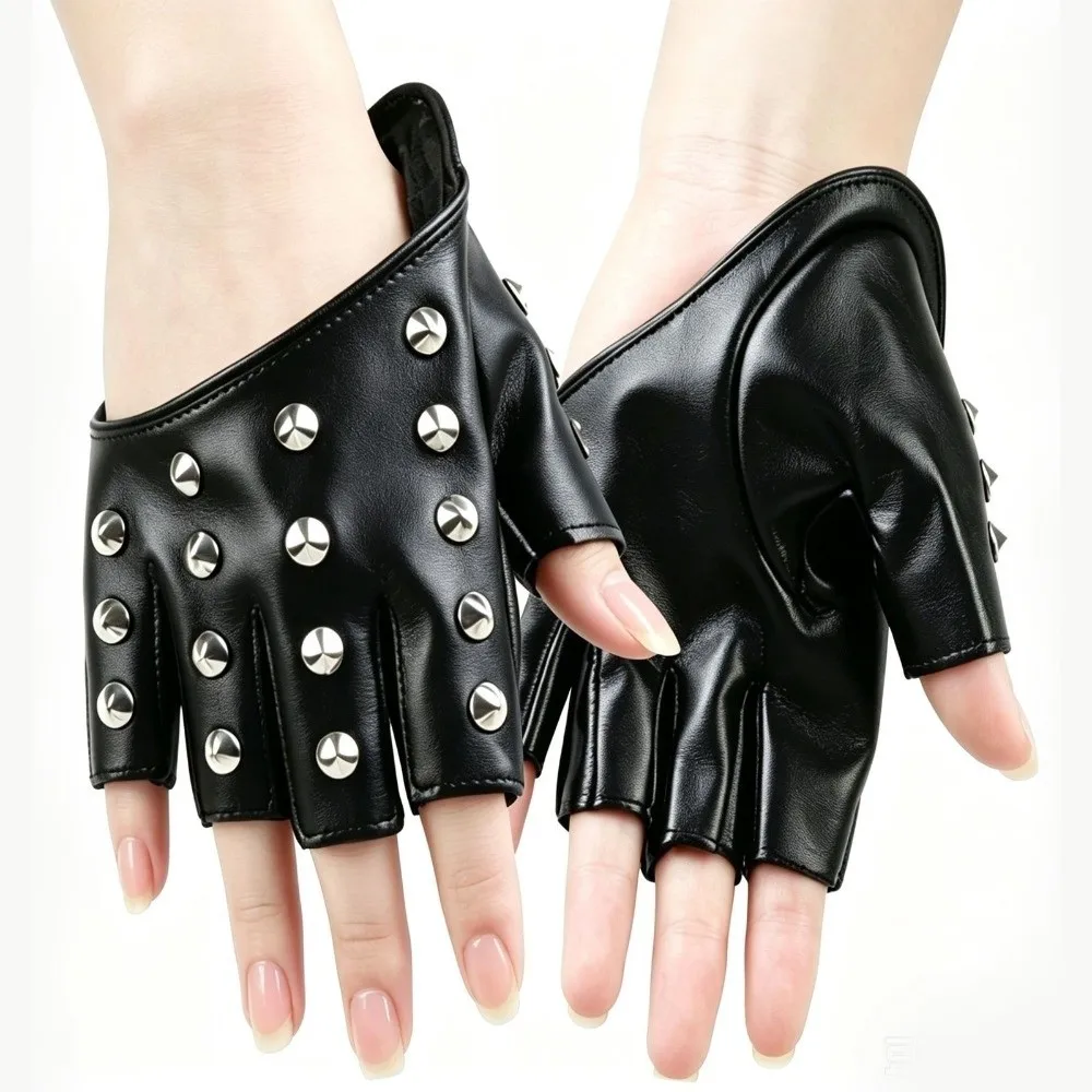 Studded Design Punk Studded Gloves PU Leather Material Half Finger Style PU Leather Gloves Fingerless Style Unisex Fit