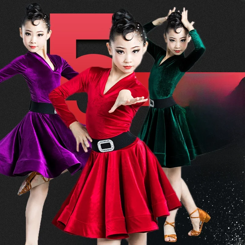 Traje de Dança Latina para Meninas, Vestido de Prática em Veludo Coreano de Manga Longa, Vestido de Competição para Crianças,...