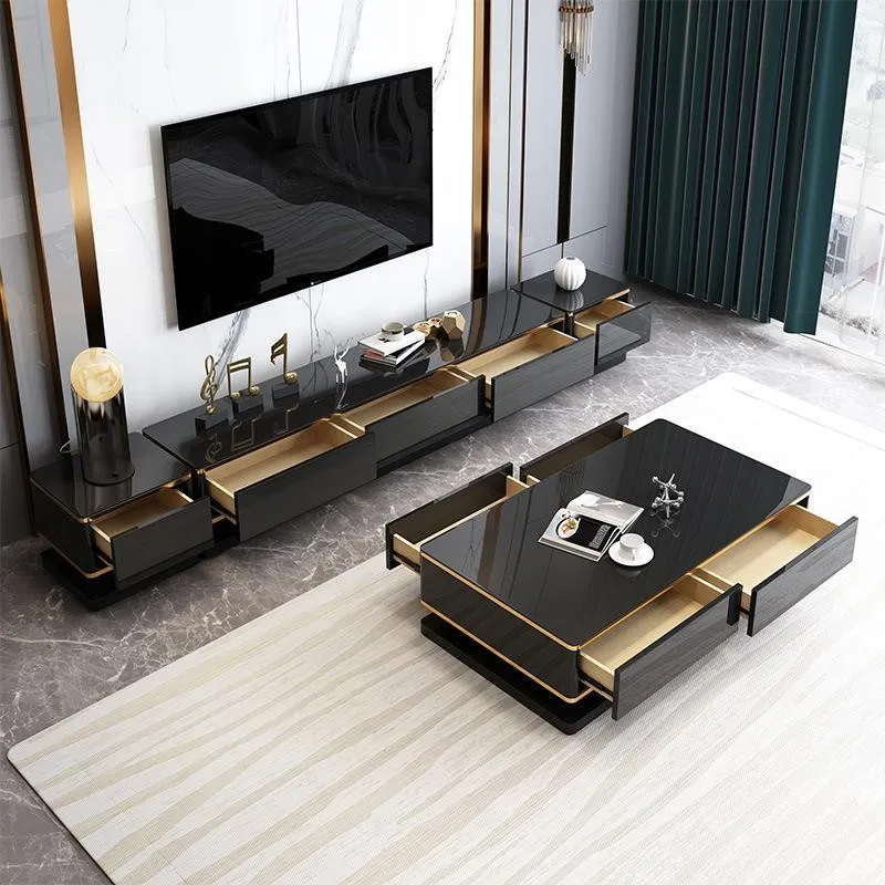 ！@Light Luxury High-End Simple Black Glass Coffee Table TV Cabinet Wooden Floor-standing Home Furniture for Living Room