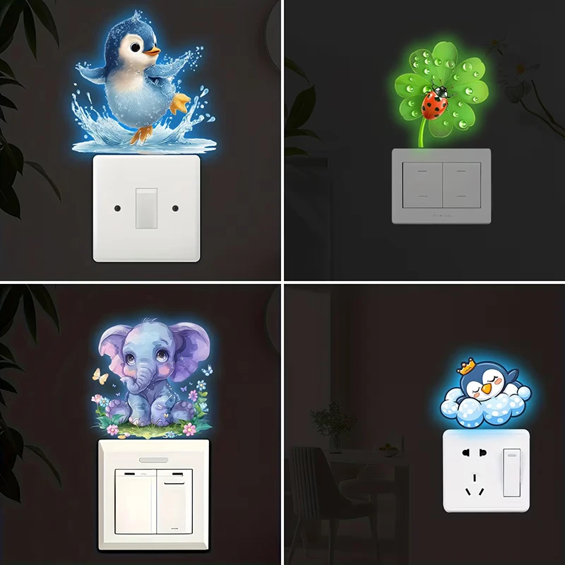 Glow-in-the-Dark Switch Stickers Penguins Elephants Design Self-Adhesive Removable Wall Stickers Suitable For Switches & Outlet