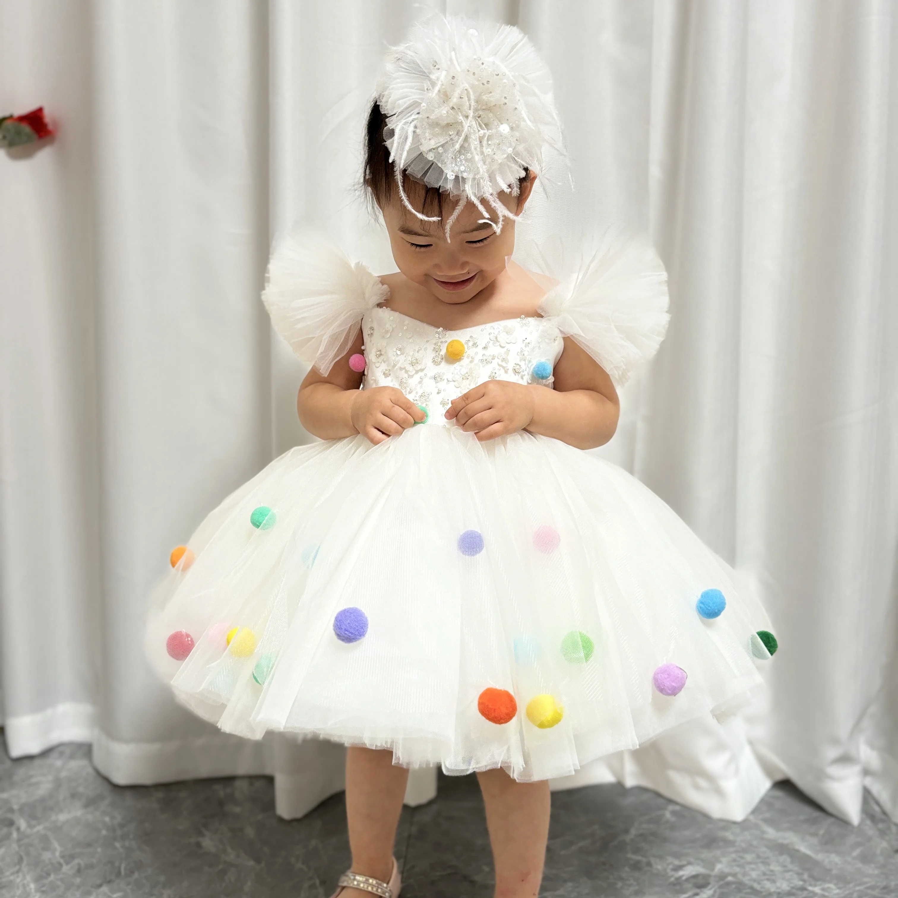 

Jill Wish Elegant White Flower Girl Dresses with Hairband for Baby Kids Wedding Birthday Communion Party Pageant J032