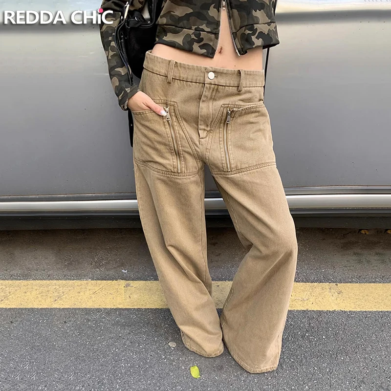 

ReddaChic Zipper Pockets Wide Leg Jeans Women Trousers Vintage Khaki Low Rise Loose Fit Straight Cargo Pants Western Streetwear