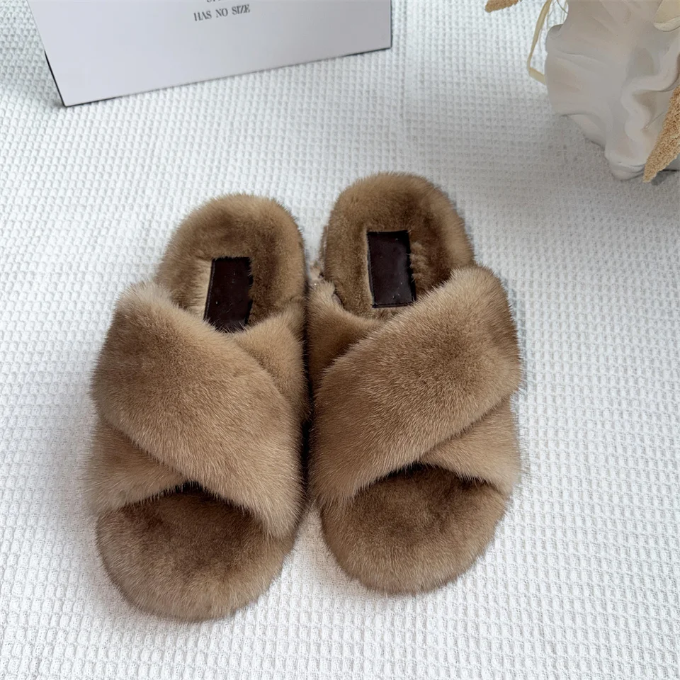 Fashion Cross Mink Fur Slippers Women Indoor Light Warm Plush Home Slippers Woman Real Mink Fur Flat Heel Slides Plush Size 43