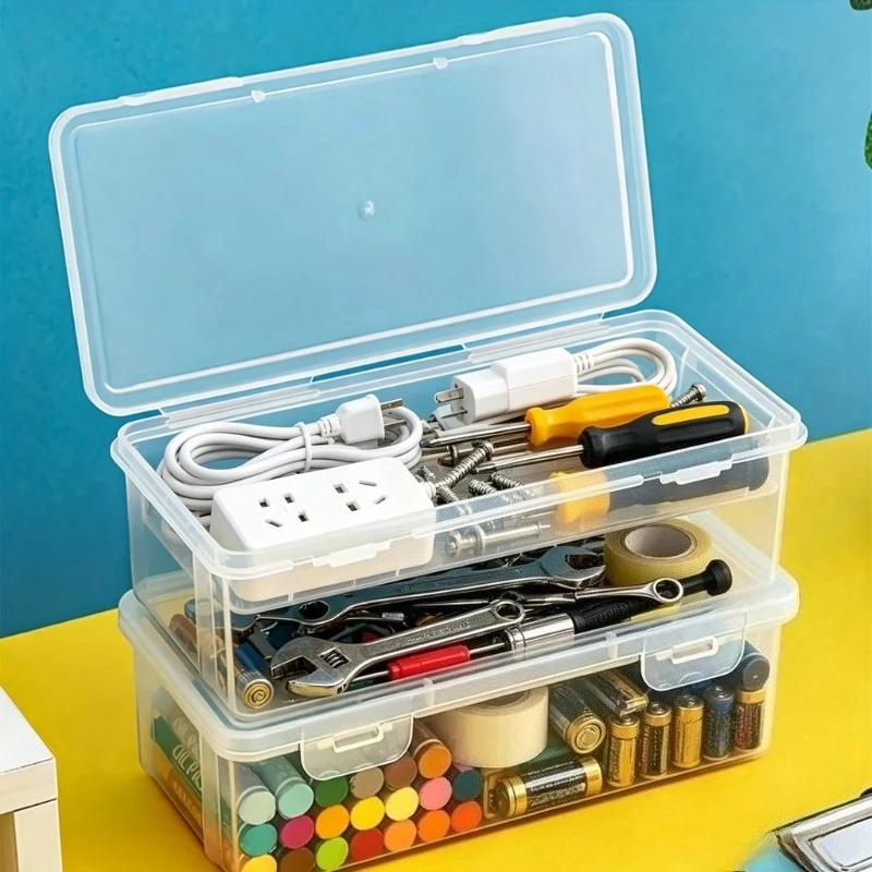 2pcs Set Large Capacity Transparent Storage Box, Portable Tension Organizer for Small Tools - Pencil Oil Pastels Crayons Case