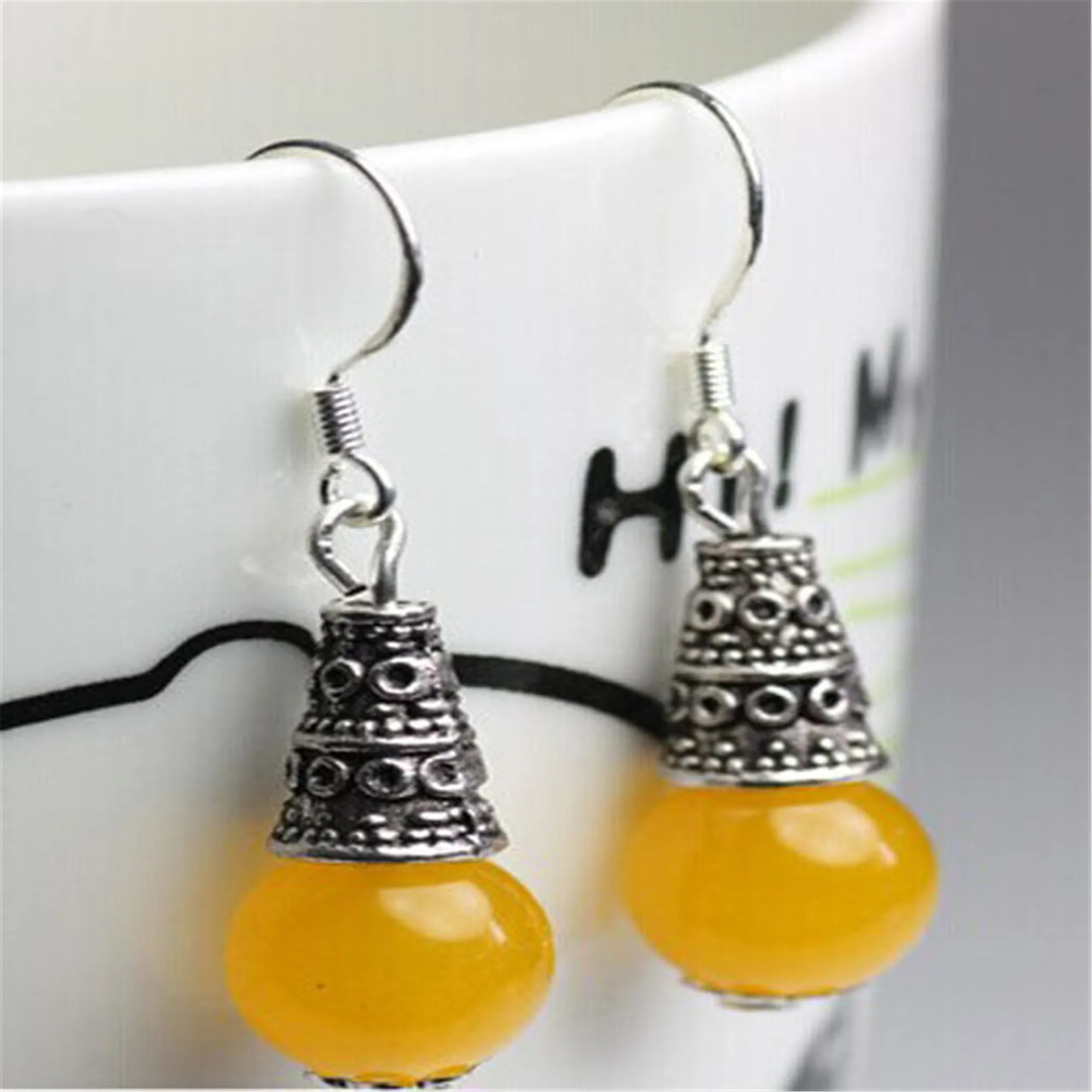 Yellow Chalcedony jade Gemstone Earrings Tibet silver Hook Dangling Gold Teens Wedding Earbob Handmade Silver