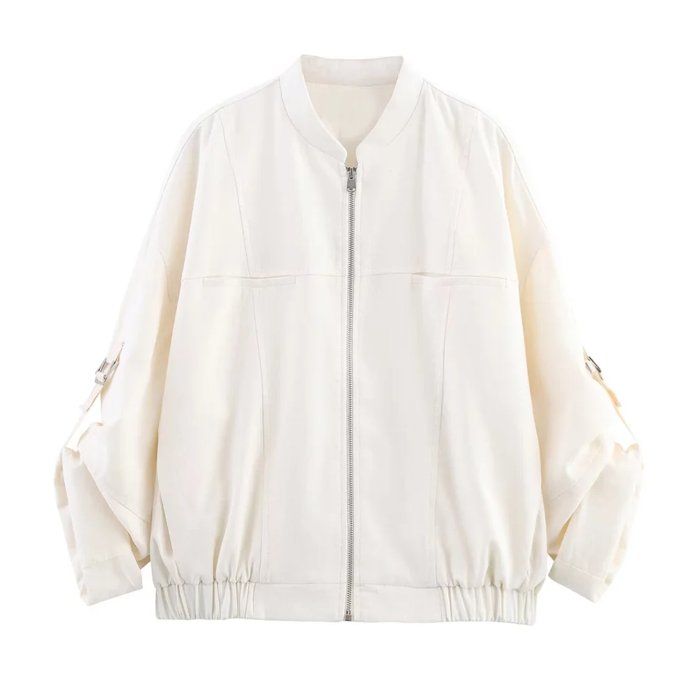 

BMURHMZA Summer New Product Women's Fashion and Leisure Versatile Stand up Collar Zipper Decoration Rolling Sleeve Jacket Coat