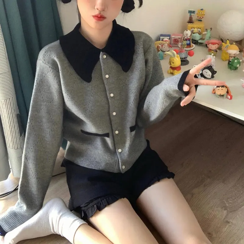 

Doll Collar Patchwork Sweaters Women's Clothing Korean Single-breasted Autumn Winter Chic Pockets Loose Basic Knitted Cardigan