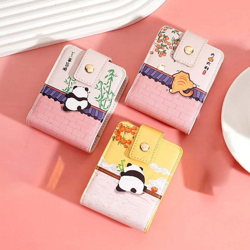 Cartoon Mini Portable Lipstick Bag With Mirror Panda Cat Chinese Style Small Cosmetic Bag With Button As A Gift