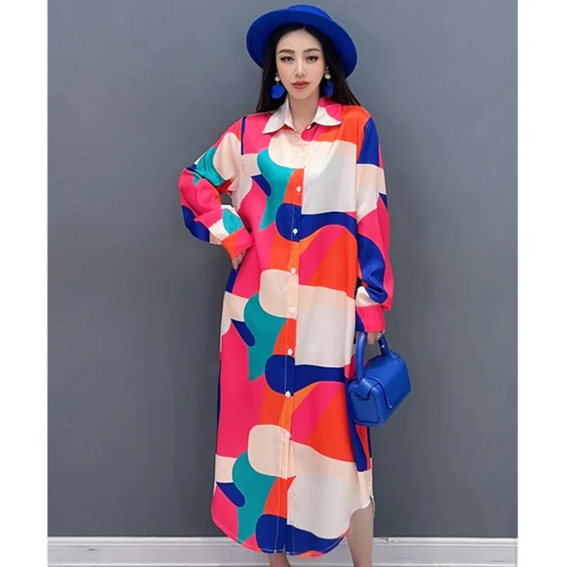 Vefadisa 2025 Spring Autumn New Personalized Printed Women Dresses Lapel Long Sleeved Shirt Dress Casual Fashion Dress ZXY945AF1