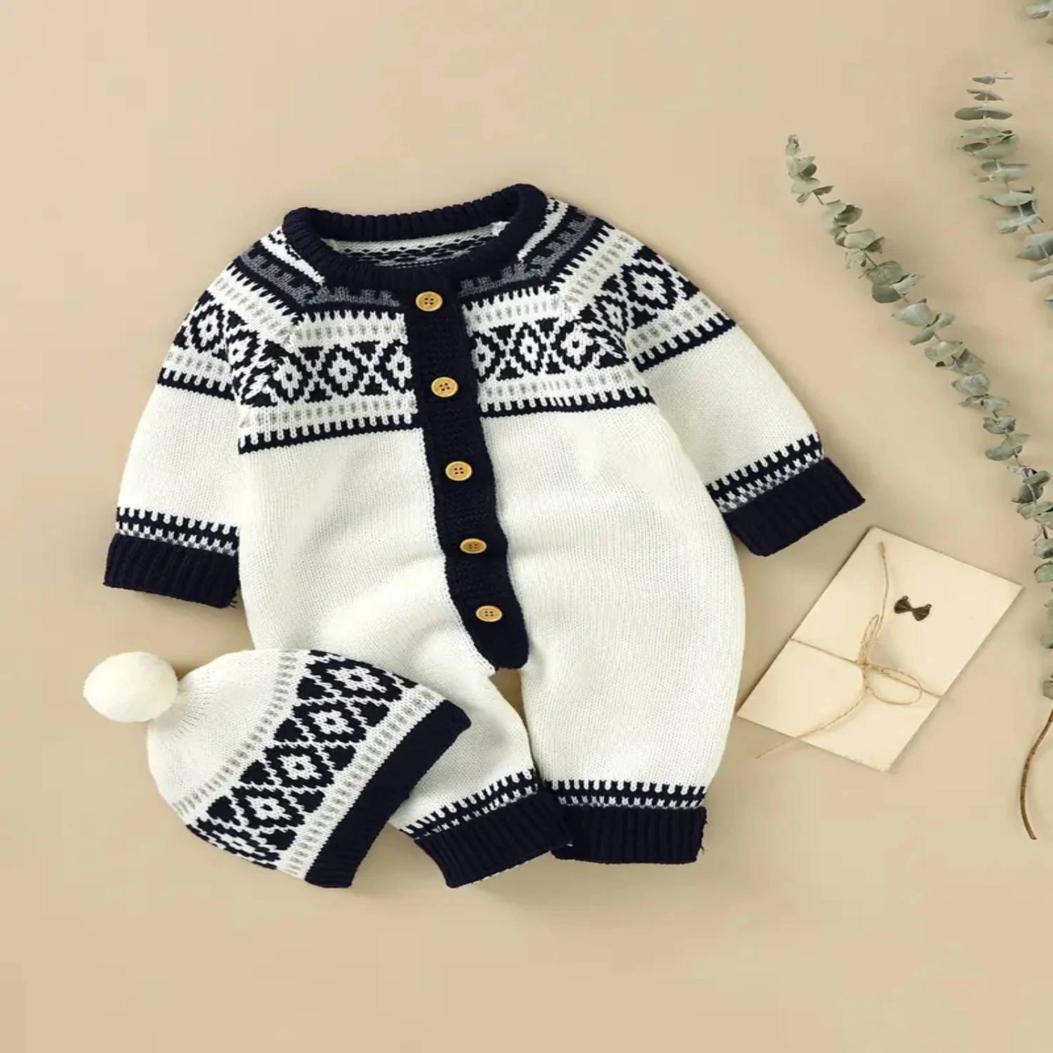 

Geometric Pattern Sweater Romper Jumpsuit with Hat for Toddler Kids - Cute Baby Clothes