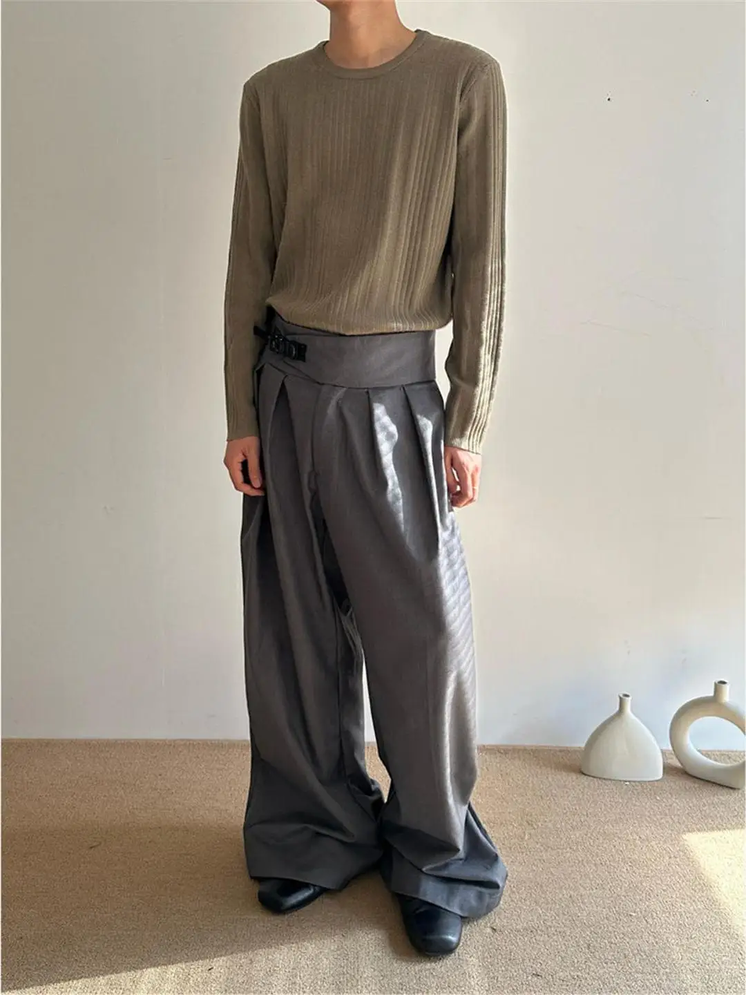 

Gray Loose Men's Suit Pants Fashionable Knife Shape Design Street Style Casual Loose Waist Seal Long Trousers