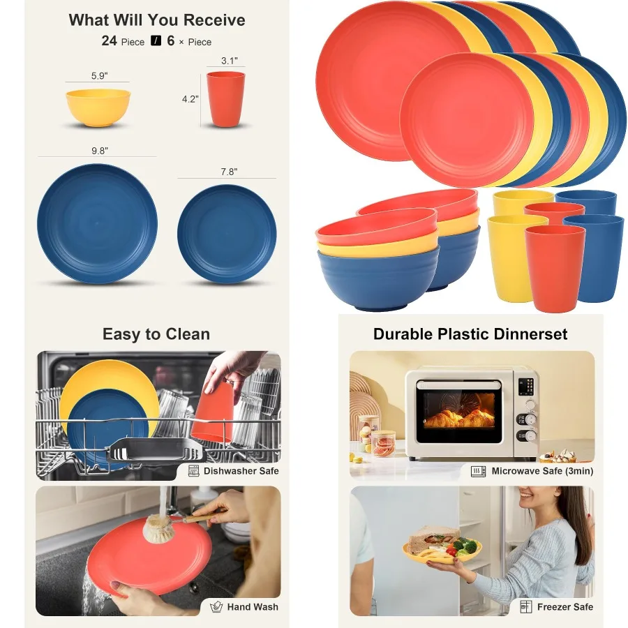 

24 Piece Unbreakable Dinnerware Set for 6 People Durable Plastic Plates and Bowls for Camping Outdoor Kitchen Apartment Dining