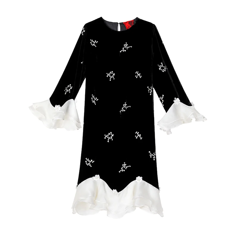 2024 Autumn New Black Silk Flower Embroidered O-neck Trumpet Velvet Dress Loose Large Mesh Splicing Spódnica do kolan