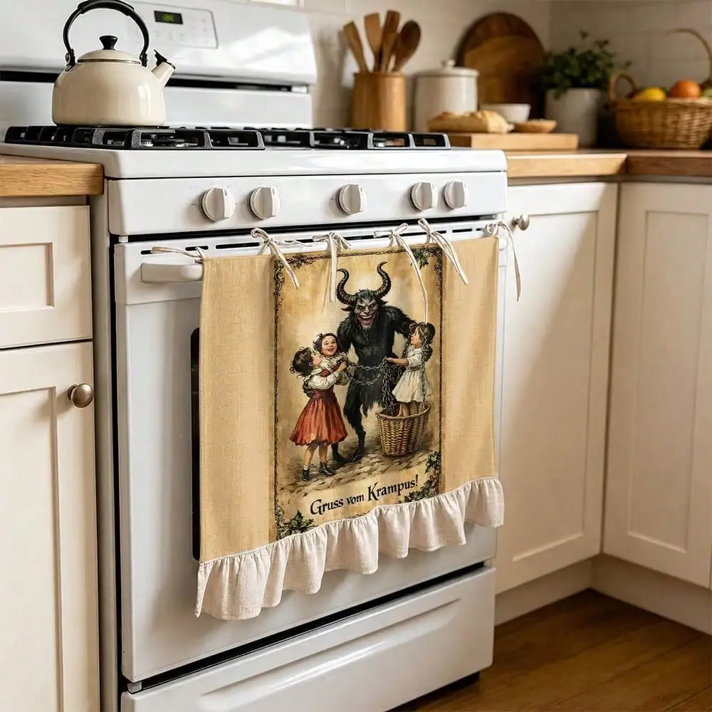 2D Vintage Krampus Print Ruffled Multi-Functional Decorative Curtain, Suitable Kitchen Skirt, Oven Cover, Washing, Dishwasher, Bathroom Window Treatment, and Kitchen Decor, Halloween Kitchen Apron