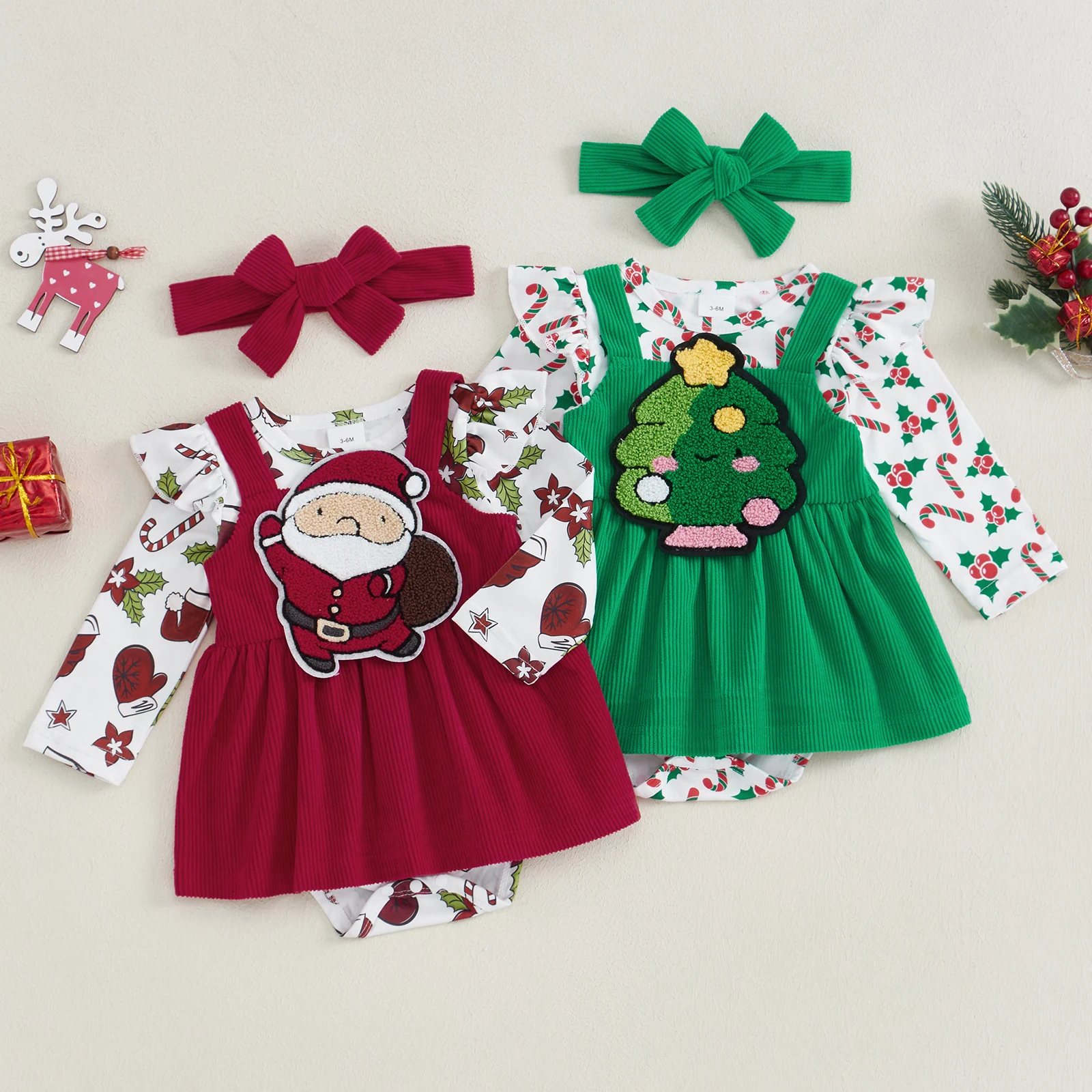 Baby Girls Fall Outfit Christmas Gloves/Candy Cane Print Long Sleeve Romper and Dress Cute Headband 3 Piece Clothes